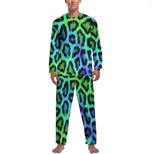 Pijamas masculinos dois tons pijamas leopardo impressão homens manga longa kawaii pijama conjuntos 2 peças noite outono padrão nightwear presente idéia