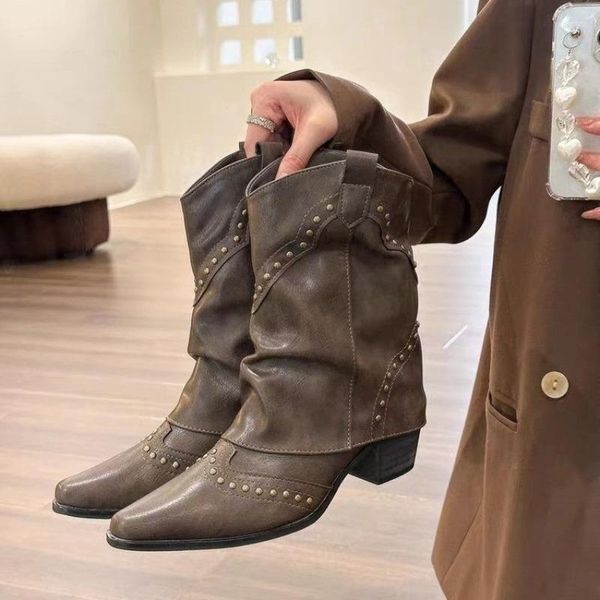 Stivali Donna Scarpe Per Le Donne 2023 Western Cowboy Tacchi Spessi Retro Rock Gotico A Metà Polpaccio Punta Bassa A Punta Autunno Inverno Rivetto