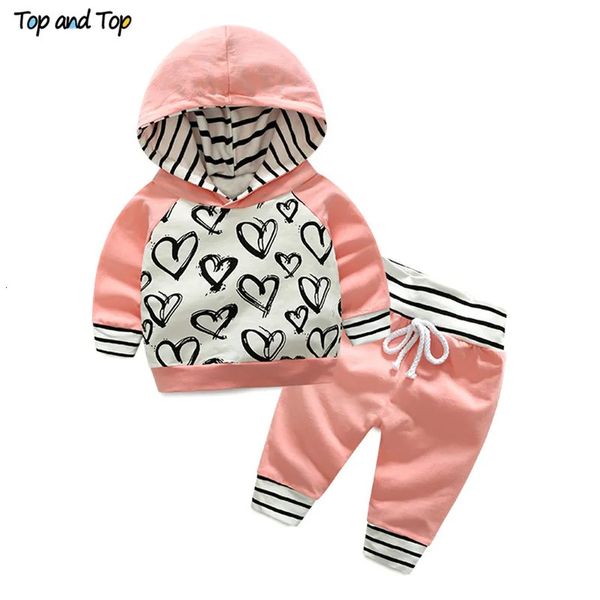 Pagliaccetti Top e Top Fashion Cute Infant Born Baby Girl Clothes Felpa con cappuccio Pantaloni a righe 2 pezzi Outfit Cotton Baby Tuta Set 230928