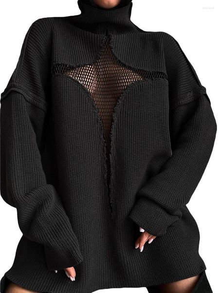 Damenpullover Damen Kreuzmuster Mesh Sheer Pullover Hohlstrick Langarm Stehkragen Rippenpullover Ästhetische Streetwear