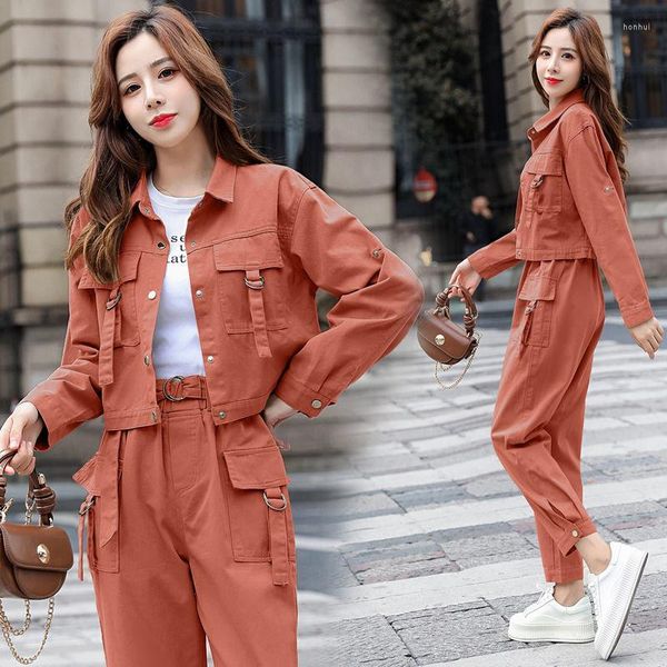 Calças femininas de duas peças jaqueta carga mulheres ternos moda 2023 primavera e outono jovem workwear combinando conjunto coreano outfit laranja