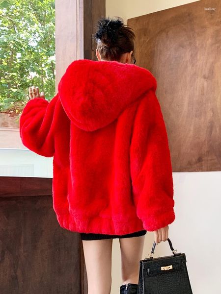 Frauen Pelz 2023 Junge Chinesische Rot Mit Kapuze Herbst Und Winter Faux Mantel Mode Jahr Zipper Jacke Kleidung