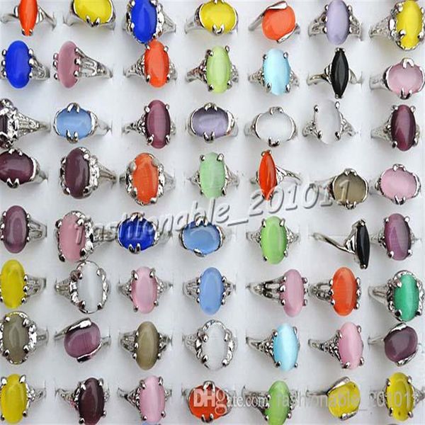 Misto assortito colorato naturale Cat Eye pietra preziosa pietra tono argento Anelli da donna R0135 nuovi gioielli 50 pezzi lotto208h