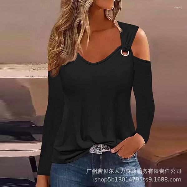 T-shirt da donna a maniche lunghe con spalle scoperte T-shirt allentata Y2K Top casual con spalle scoperte Top donna streetwear tinta unita