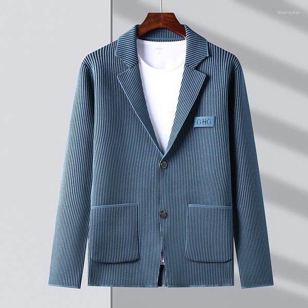 Ternos masculinos marca casual moda fino ajuste listrado blazer jaqueta inteligente elegante elegante terno de malha casaco masculino roupas 2023