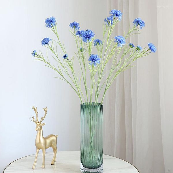 Flores decorativas 1/4 pçs nórdico azul 3 cabeças longo ramo estrelado cornflower seda artificial casa festa de casamento decoração plantas