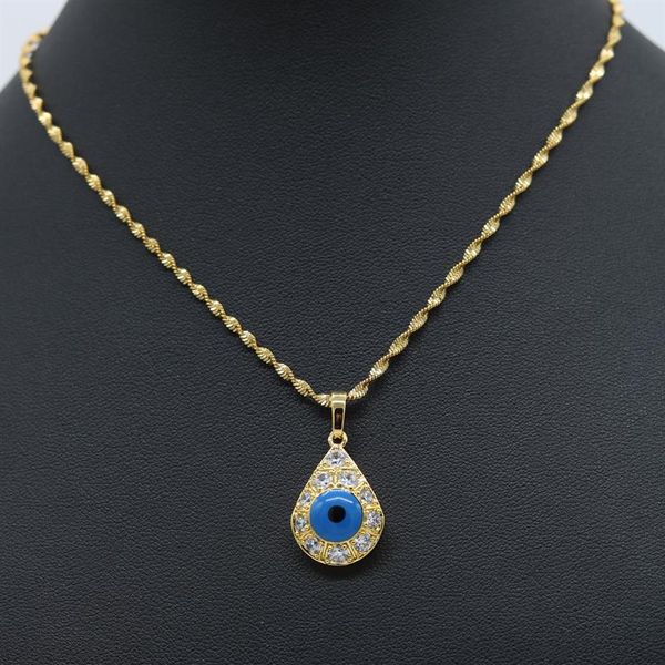 Colgante de ojo azul malvado con cadena ondulada, collar con colgante de lágrima relleno de oro amarillo de 18 quilates, regalo 289h