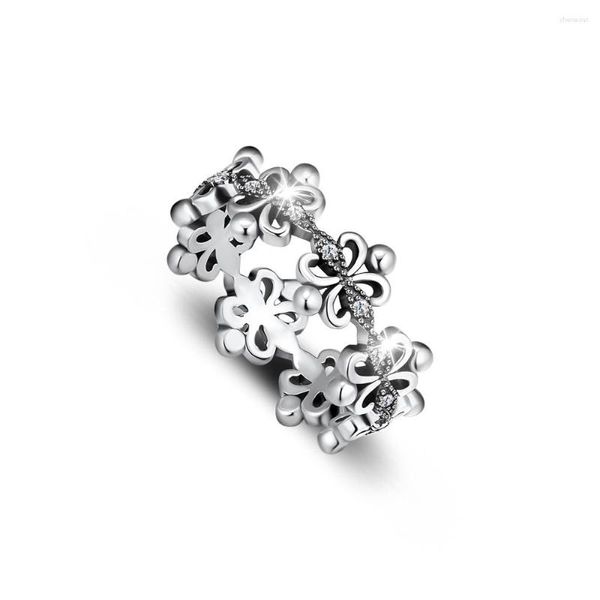 Anéis de cluster Classic Elegance Authentic 925 Sterling-Silver-Jewelry com CZ transparente
