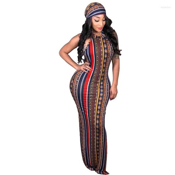 Roupas étnicas África Sexy Multicolor Listrado Impresso Fora Do Ombro Vestido Sem Mangas Com Lenço Maxi Mulheres Bohemian Party