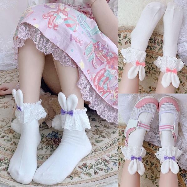 Calcetines de mujer Tobillo corto Harajuku Orejas de felpa 3D Mini lazo con volantes Adorno de encaje Medias de princesa