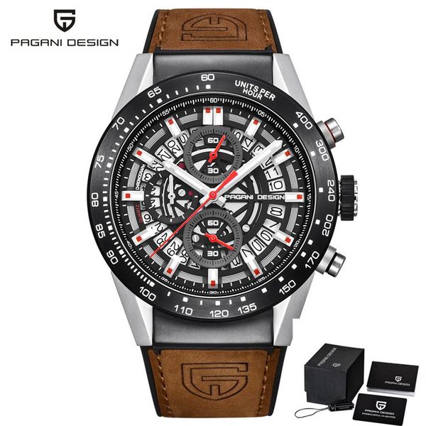 PAGANI DESIGN Orologio cronografo sportivo scheletrato moda cinturino in pelle al quarzo orologi da uomo orologio impermeabile di lusso di marca superiore188t