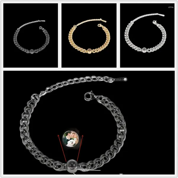 Link pulseiras personalizado círculo pingente projeção po pulseira com casal jóias memorial presente para ele personalizado corrente cubana homens