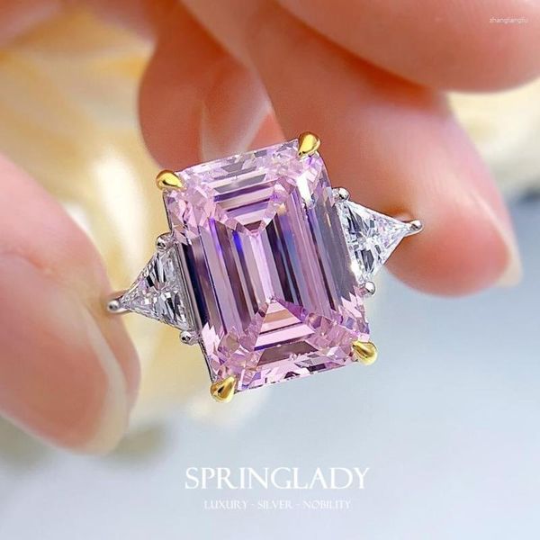 Anéis de cluster Springlady 925 prata esterlina 10/14mm esmeralda corte rosa diamantes de alto carbono anel de noivado de casamento jóias finas presentes