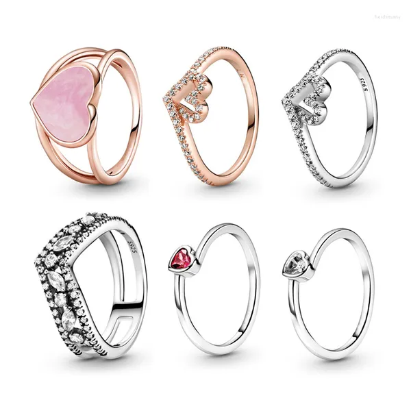 Anelli a grappolo Argento sterling di alta qualità S925 Anello marquise scintillante a doppia fila Amore inclinato Gemma singola Rosa Ricciolo Epossidico Pandostyle