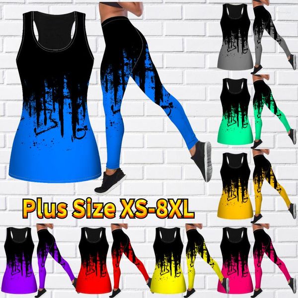 Damen-Leggings, modisches Yoga-Set, schwarzes Tanktop mit gesprenkeltem Aufdruck und enge Sportbekleidung, XS-8XL