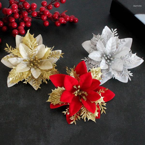 Dekorative Blumen, 4 Stück, 13 cm, Glitzer, künstliche Weihnachten, Weihnachtsbaumschmuck, fröhliche Dekorationen für Zuhause, Jahr, Geschenk