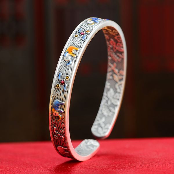 Bracciale in argento sterling 999 maschile e femminile di buon auspicio con smalto elefante in rilievo, anello aperto semplice, retrò fatto a mano con metodo antico, braccialetto in argento, gioielli all'ingrosso