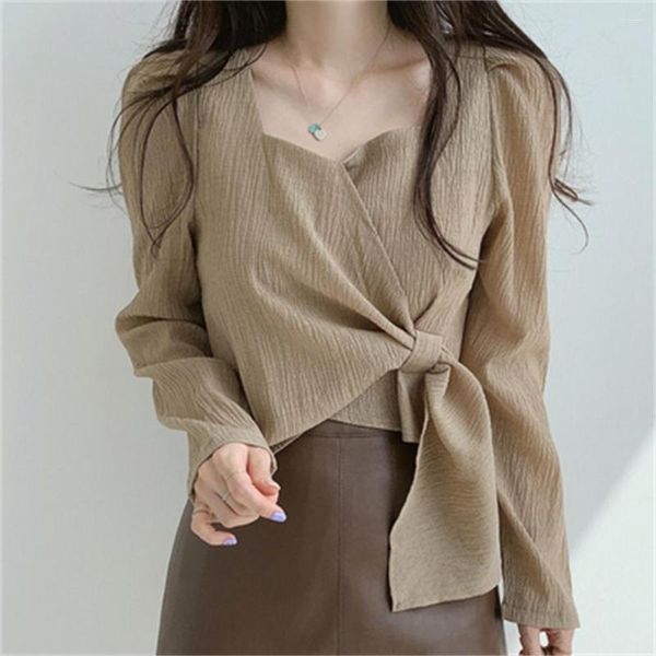 Blusas femininas 2023 coreano pulôver outono fino pescoço quadrado rendas até design irregular solto camisa de manga longa topo h1357