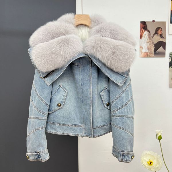 Piumino in denim con collo in pelliccia di volpe, cappotti invernali da donna, soprabito, soprabito, da donna