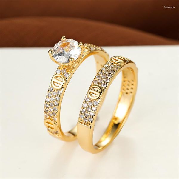 Наборы обручальных колец для девочек, роскошный кристалл с двойным шармом, золотого цвета, обручальное кольцо, блестящий белый круглый комплект с цирконами для женщин