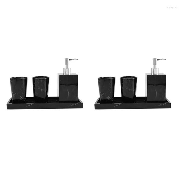 Conjunto acessório de banho 2x textura de mármore suprimentos de banheiro preto 4pcs resina com dispensador de escova de dentes sabonete