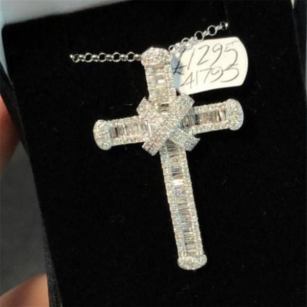 Ciondolo croce fatto a mano con diamante lungo cz Ciondolo croce reale in argento sterling 925 Collana con pendenti per matrimonio per donna uomo Gioielli moissanite2440