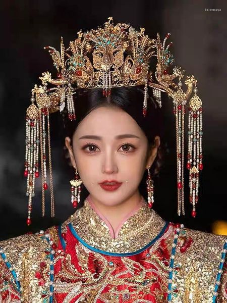 Grampos de cabelo de luxo feminino banhado a ouro Phoenix Fringe Crown Set Chinese Wedding Headwear