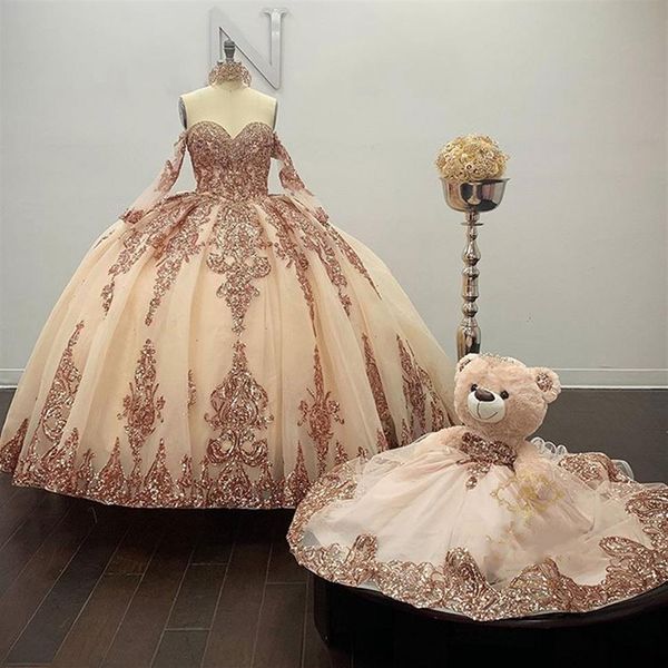 Roségoldenes glitzerndes Ballkleid für Quinceanera-Kleider, abnehmbare Ärmel, herzförmiger Pailletten-Applikation, süßes 16-Kleid, Partykleidung2684