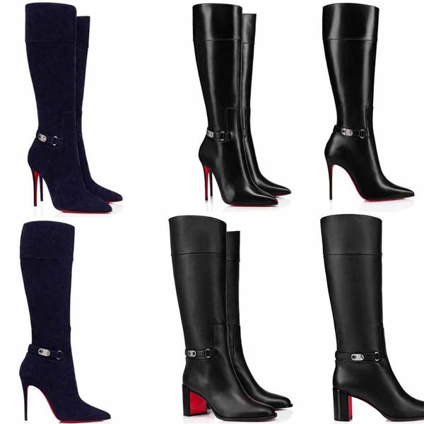 Designer-Pumpstiefel von Lock Kate Botta, rote Lederstiefel, Knie-Over-High-Heels, spitze Zehen-Pumps, Unterteile, Markenabsatz, schwarzes Wildleder und Leder mit Box