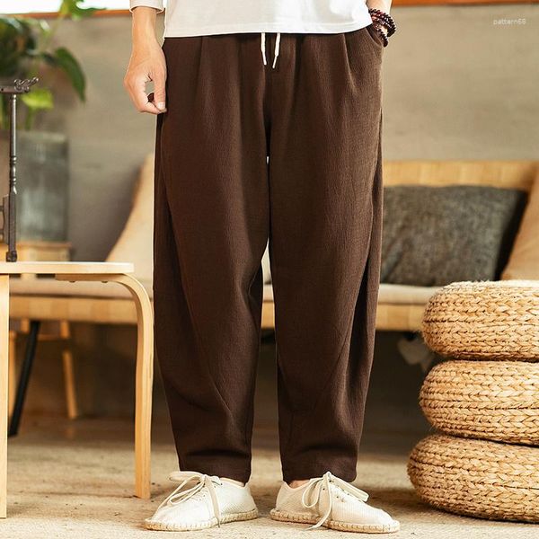 Pantaloni da uomo giapponesi larghi uomo cotone lino maschio autunno traspirante tinta unita pantaloni primaverili Fitness Streetwear taglie forti M-5XL