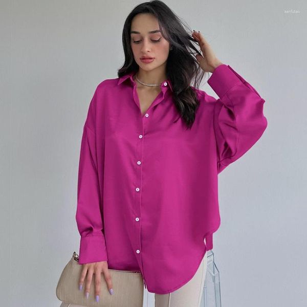 Женские блузки, рубашки для женщин, однотонная рубашка с длинным рукавом на пуговицах, топы и блузки с воротником, осень-весна 2023, модная свободная повседневная розово-красная
