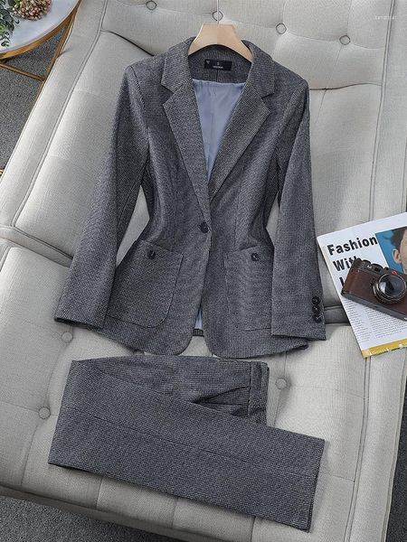 Damen Zweiteilige Hosen Herbst Winter Business Hosenanzug Blazer Damen Kaffee Grau Karierte Jacke Und Hose Weibliche Arbeitskleidung Formal 2 Set