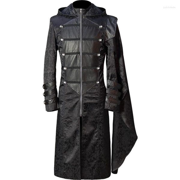 Men's Trench Coats 2023 PU Leather Patchwork Gothic Punk Coat Long Jacket Mens Medieval Vintage Hooded Cloak Halloween Cosplay Costume