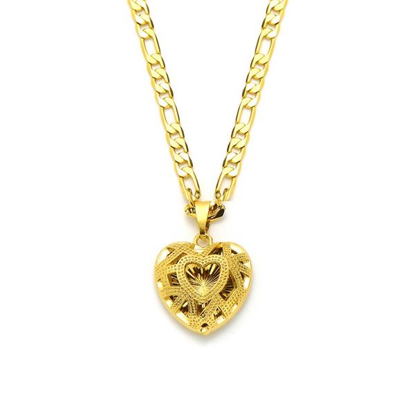 Pingente de coração de malha 14k ouro amarelo sólido GF italiano Figaro link corrente colar 24 3 mm feminino2521