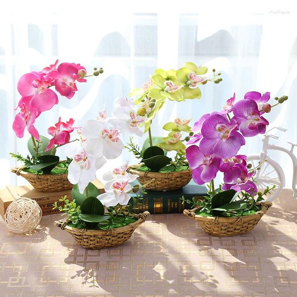 Flores decorativas 1 conjunto flor artificial bonsai borboleta orquídea vaso planta com vaso de cimento festa de casamento casa decoração de mesa