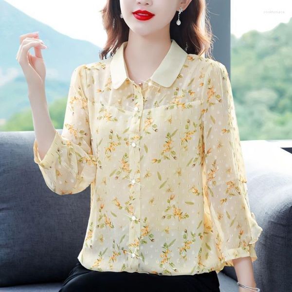 Camicette da donna 2023 camicia a collo alto autunnale cardigan stampato Top Fashion Slim Fit versione coreana in chiffon a maniche lunghe