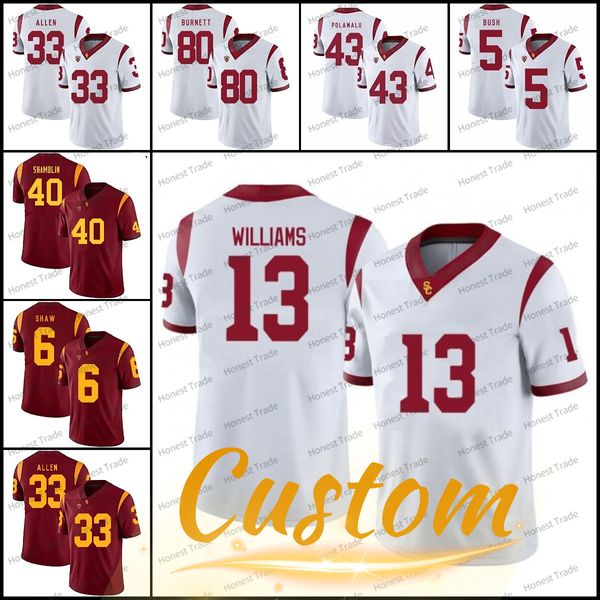 Maglia da calcio personalizzata USC Trojans 13 Caleb Williams 42 Ronnie Lott 43 Troy Polamalu Reggie Bush 55 Junior Seau Simpson Darnold White Red College Jerseys 150th