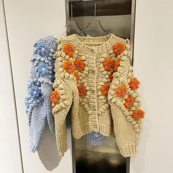 Женский вязаный свитер Jastie 2023, осенне-зимний свитер, связанный вручную крючком, толстая игла, милый цветочный меховой шарик, милое вязаное пальто, кардиган