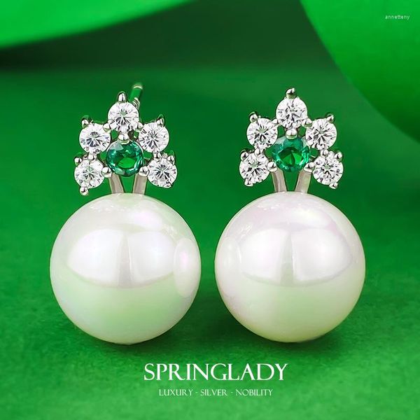 Brincos SpringLady 925 Sterling Silver Pearl Lab Esmeralda Sapphire Gemstone Ear Studs para Mulheres Jóias Finas Presentes