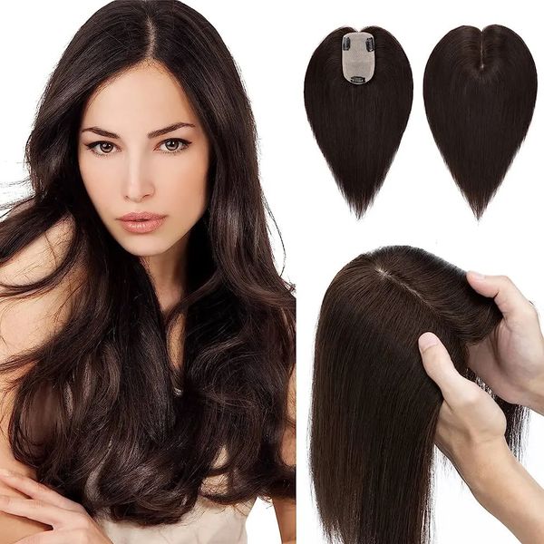 Toppers de cabelo humano de renda para mulheres 12 polegadas clipe real em peças base de seda com separação livre 230928