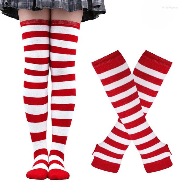 Frauen Socken Weihnachten Cosplay Gestreiften Langarm Handschuhe Set Für Mädchen Über Knie Baumwolle Mode Halloween