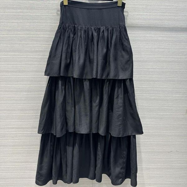 Röcke Rock Frauen Frühling Herbst Schwarz Baumwolle Hohe Taille Rüschen Falten Lange Ballkleid Gericht Stil Elegante Süße Lose weibliche Kleidung