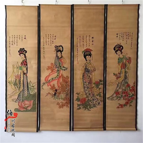 Chinês pendurado rolo tang yin china pintura à mão beleza antiga quatro antigo chinês beauty236v