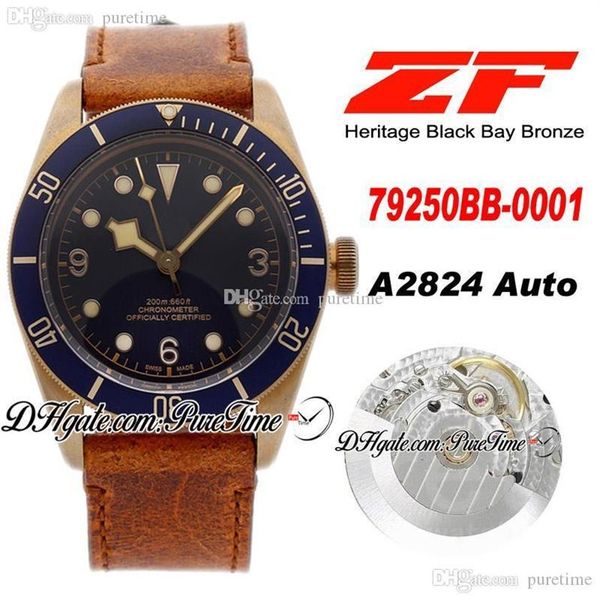 Автоматические мужские часы ZF Bronze A2824, 43 мм, синий циферблат, состаренный коричневый кожаный ремешок, версия Puretime PTTD C09288a
