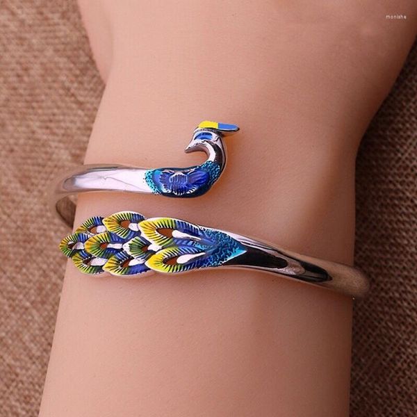 Pulseira vintage forma animal pintura padrão pavão gota de óleo pulseira para mulheres étnica boêmia aberta amizade jóias presentes