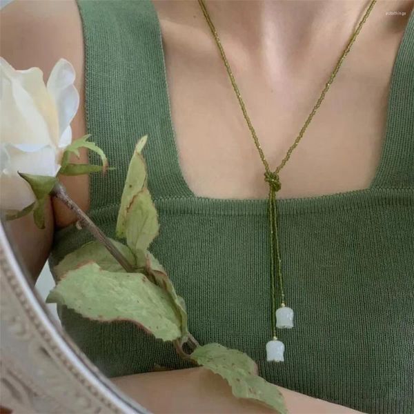 Pingentes verde oliva contas de vidro feminino colar branco sino orquídea pingente enrolamento vestindo étnico longo camisola corrente romântico jóias presente