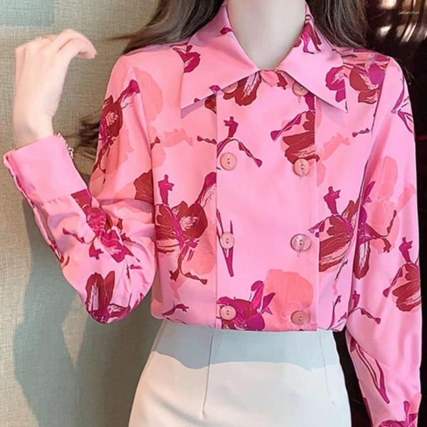 Blusas femininas 2023 outono chiffon camisa blusa manga longa francês retro impressão solta duplo breasted design topo na moda