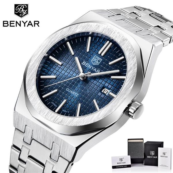 Relogio Masculino Benyar Men Watch Auto Date Водонепроницаемые голубые лица из нержавеющей стали Quartz Watches Mens Luxury Business Male Clock W2409