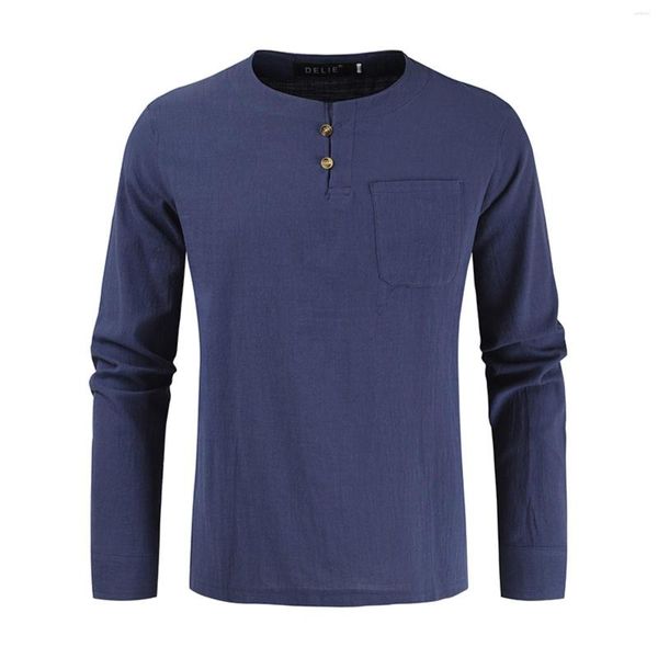 Männer Casual Hemden 2023 Baumwolle Leinen Hemd Frühling Und Herbst Taste Rundhals Einfarbig Bluse Langarm Tasche Top