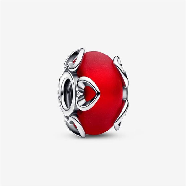 Ciondoli in argento sterling 925 con cuori in vetro di Murano rosso smerigliato Ciondoli adatti al braccialetto europeo originale con ciondoli Moda Donna Matrimonio Eng351J